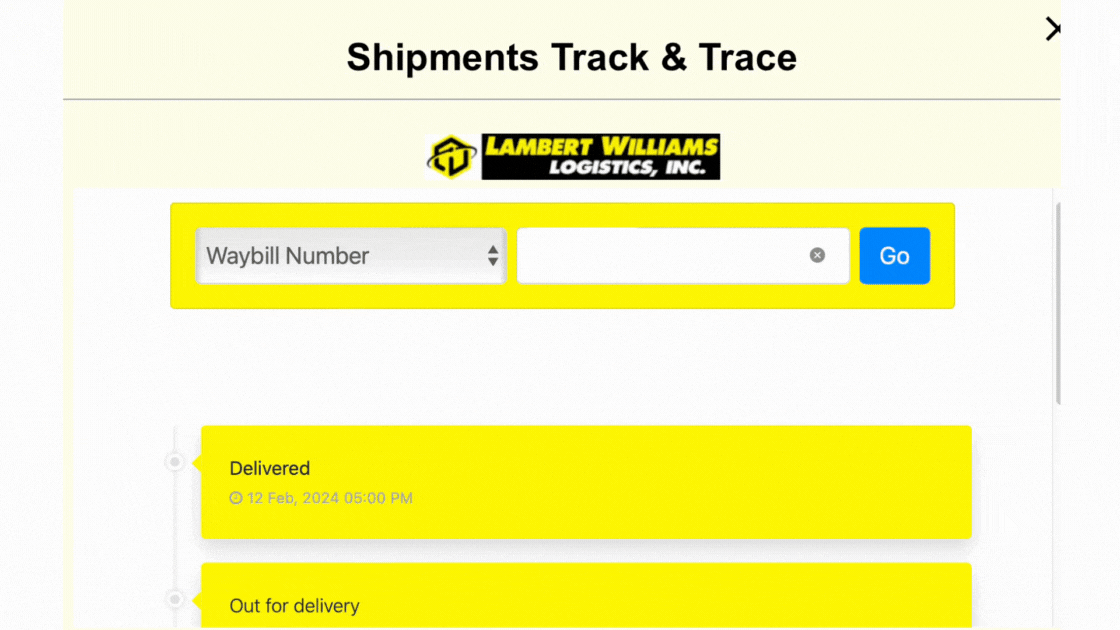 LWLI Track and Trace shipment lookup page for waybill tracking and customer support