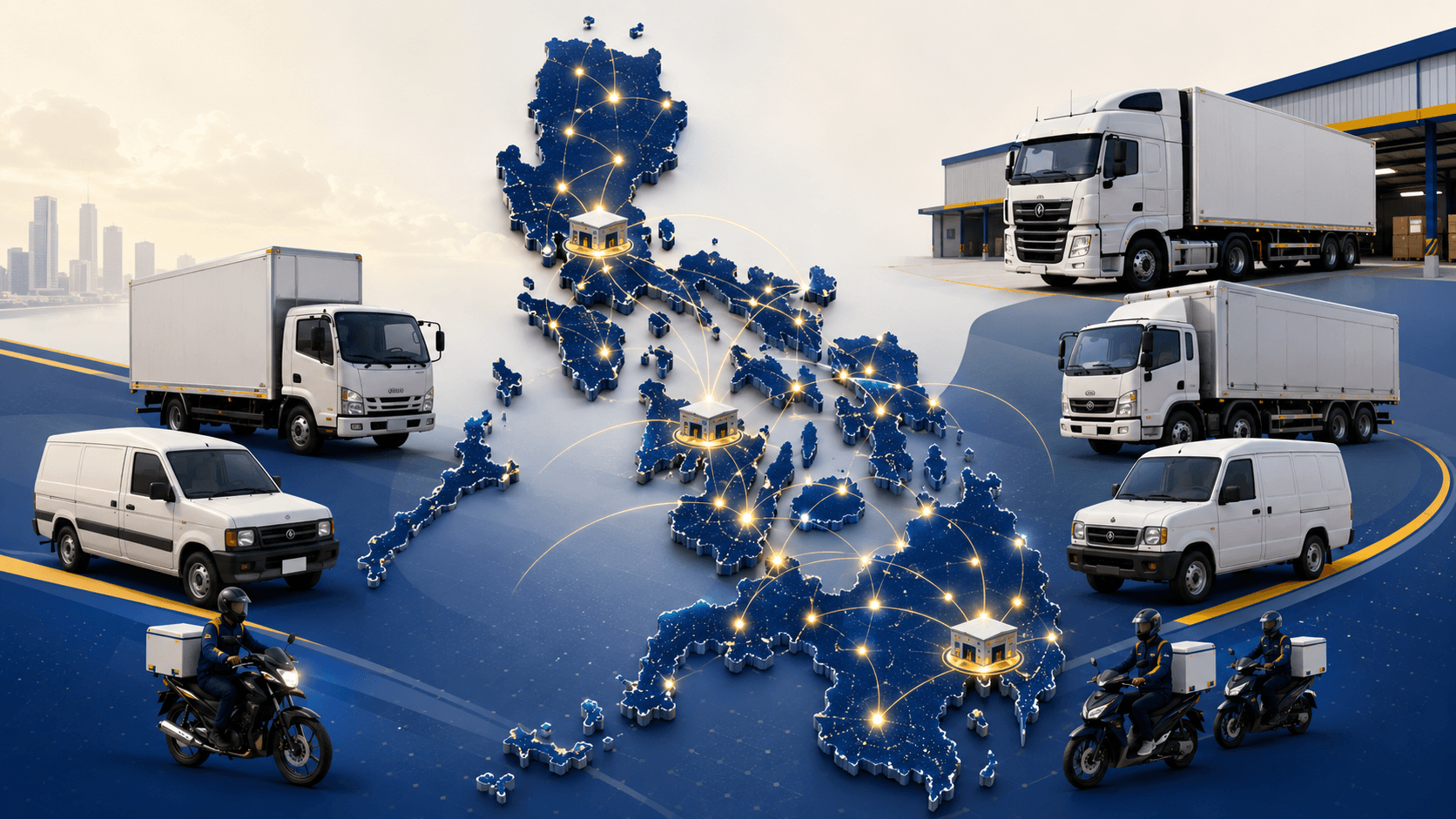 LWLI nationwide Philippine logistics network map showing connected gateway partners, truck operator partners, and motorcycle delivery operators across the Philippines